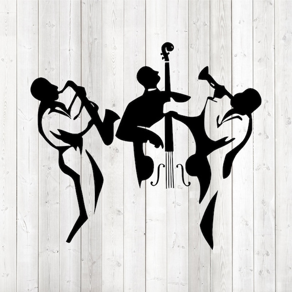 Trio de jazz; saxophone, contrebasse, silhouettes de trompette. Fichier de découpe vectorielle pour Silhouette Cameo et Cricut ; SVG, Studio3, PNG + EPS.