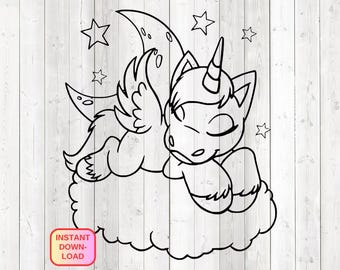 Sleeping unicorn in the clouds among the stars. Vector cutting file for Silhouette Cameo and Cricut; SVG, Studio3, PNG + EPS.