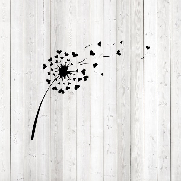 Dandelion with hearts. Dandelion. Vector cutting file for Silhouette Cameo and Cricut; SVG, Studio3, PNG + EPS.