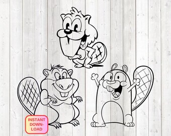 Ensemble de 3 castors rigolos aux grandes dents. Fichier de découpe vectoriel pour Silhouette Cameo et Cricut ; SVG, Studio3, PNG + EPS.