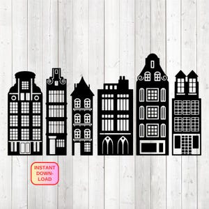 Amsterdam canal houses. Vector cutting file for Silhouette Cameo and Cricut; SVG, Studio3, PNG + EPS.