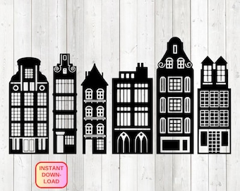 Maisons des canaux d'Amsterdam. Fichier de découpe vectoriel pour Silhouette Cameo et Cricut ; SVG, Studio3, PNG + EPS.