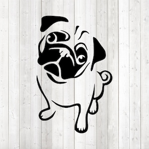 Niedlicher Mops sitzt mit geneigtem Kopf und bettelt. Vektor-Schneidedatei für Silhouette Cameo und Cricut; SVG, Studio3, PNG + EPS.