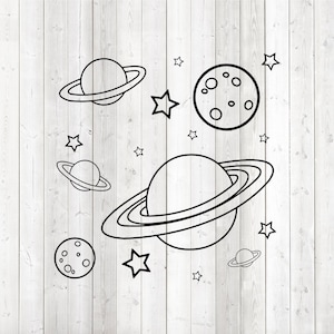 Set met maan, sterren en planeten. Vector snijbestand voor Silhouette Cameo en Cricut; SVG, Studio3, PNG + EPS.