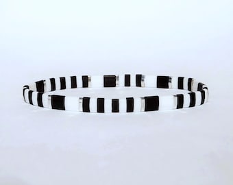 Miyuki tila stretch bracelet in black, white and silver color tila beads, smart casual style