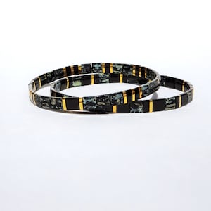 Glass tile stretch bracelet, elegant black and gold-plated tila beads, set of two or a single bracelet