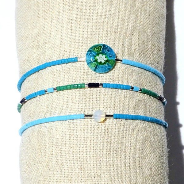 Thin turquoise miyuki stretch bracelet set, blue, green and silver color glass beads and white opal, minimalist, light