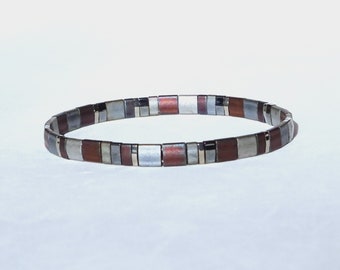 Miyuki tila stretch bracelet, metallic brown, gray, silver colors, with nickel-plated tila beads