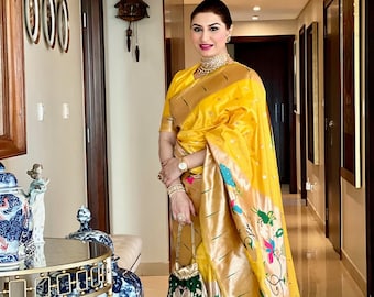 Yellow Paithani Zari Woven Saree: Banarasi Soft Silk Wedding Saree