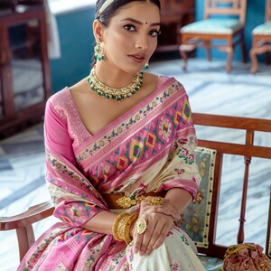 Off White & Pink Paithani Silk Saree with Zari Weaving