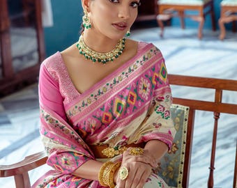 Off White & Pink Paithani Silk Saree with Zari Weaving