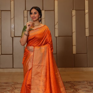 Raw Silk Temple Border Designer Saree with Blouse Piece for Women Indian Saree in USA Orange
