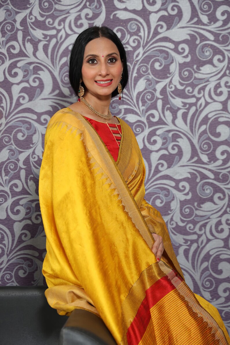 Raw Silk Temple Border Designer Saree with Blouse Piece for Women Indian Saree in USA Bild 7