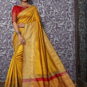 Raw Silk Temple Border Designer Saree with Blouse Piece for Women Indian Saree in USA Gelb