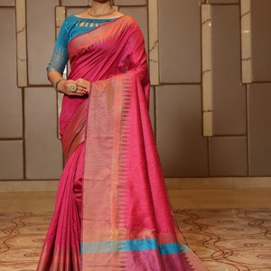 Raw Silk Temple Border Designer Saree with Blouse Piece for Women Indian Saree in USA Rosa