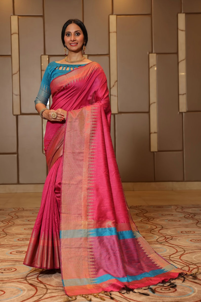 Raw Silk Temple Border Designer Saree with Blouse Piece for Women Indian Saree in USA Rosa