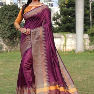 Raw Silk Temple Border Designer Saree with Blouse Piece for Women Indian Saree in USA Wine