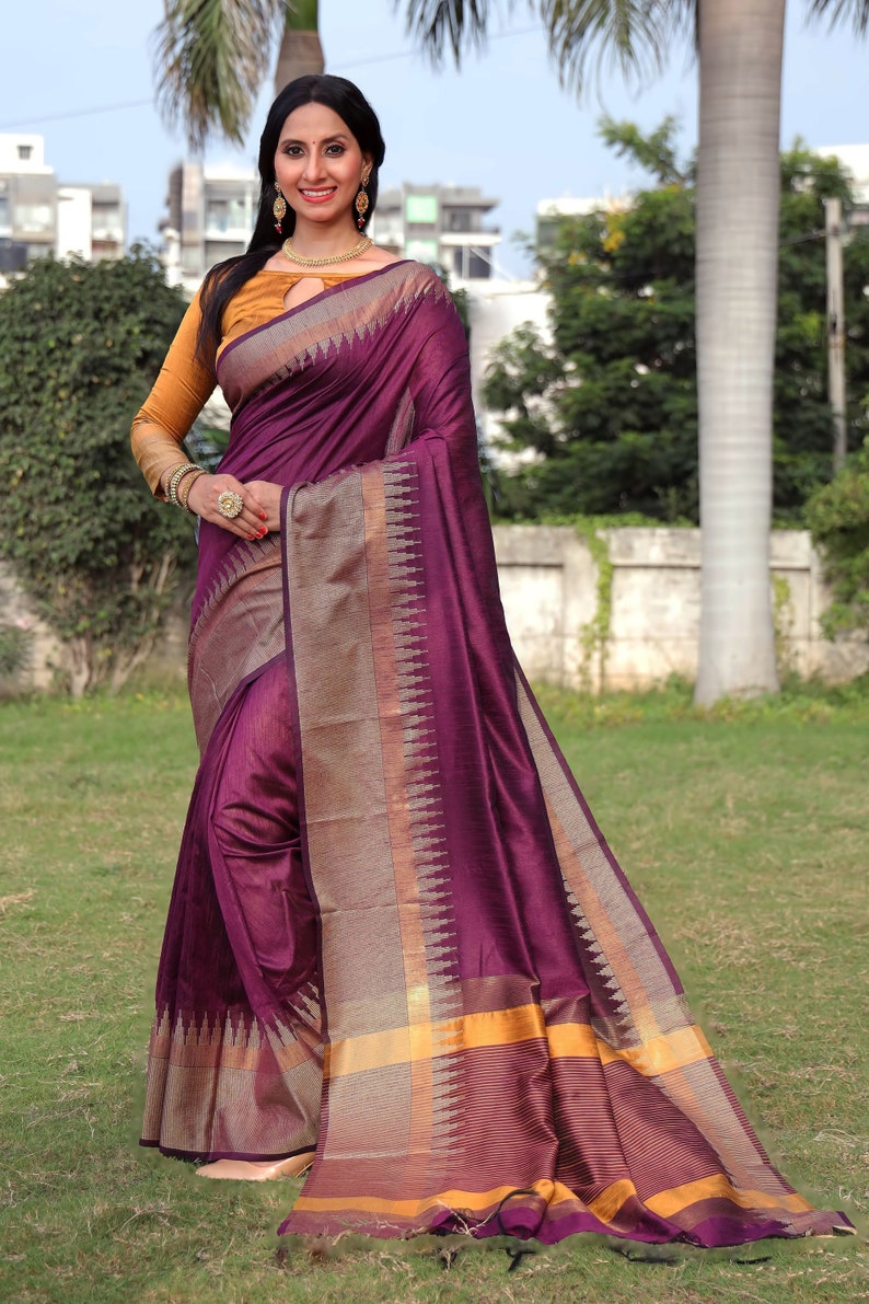 Raw Silk Temple Border Designer Saree with Blouse Piece for Women Indian Saree in USA Wine