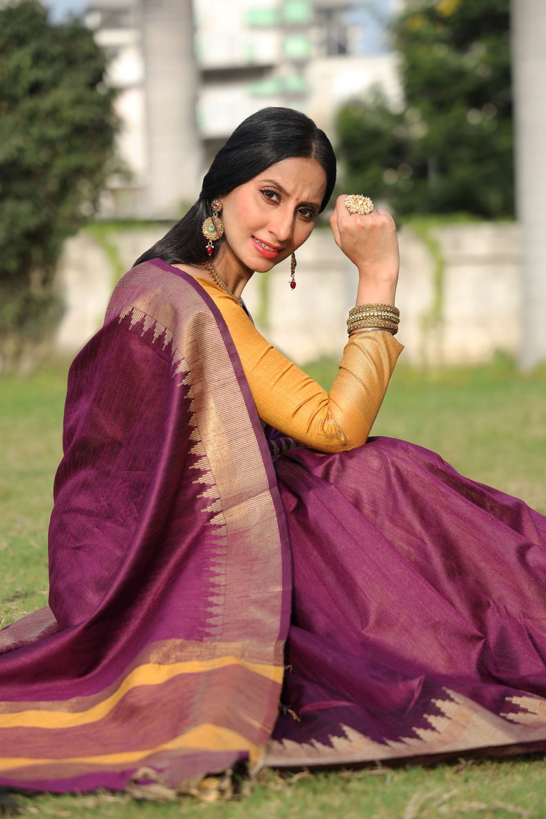 Raw Silk Temple Border Designer Saree with Blouse Piece for Women Indian Saree in USA Bild 5