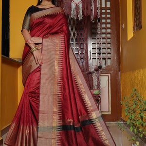 Raw Silk Temple Border Designer Saree with Blouse Piece for Women Indian Saree in USA Rot