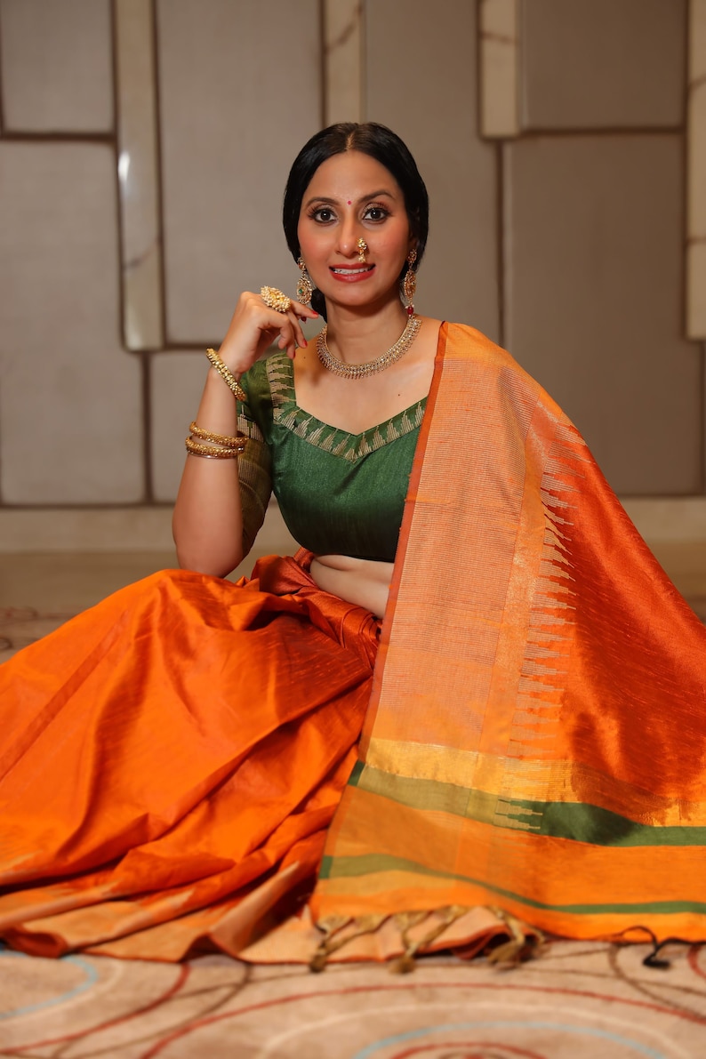 Raw Silk Temple Border Designer Saree with Blouse Piece for Women Indian Saree in USA Bild 2