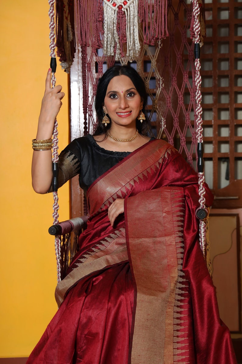 Raw Silk Temple Border Designer Saree with Blouse Piece for Women Indian Saree in USA Bild 10