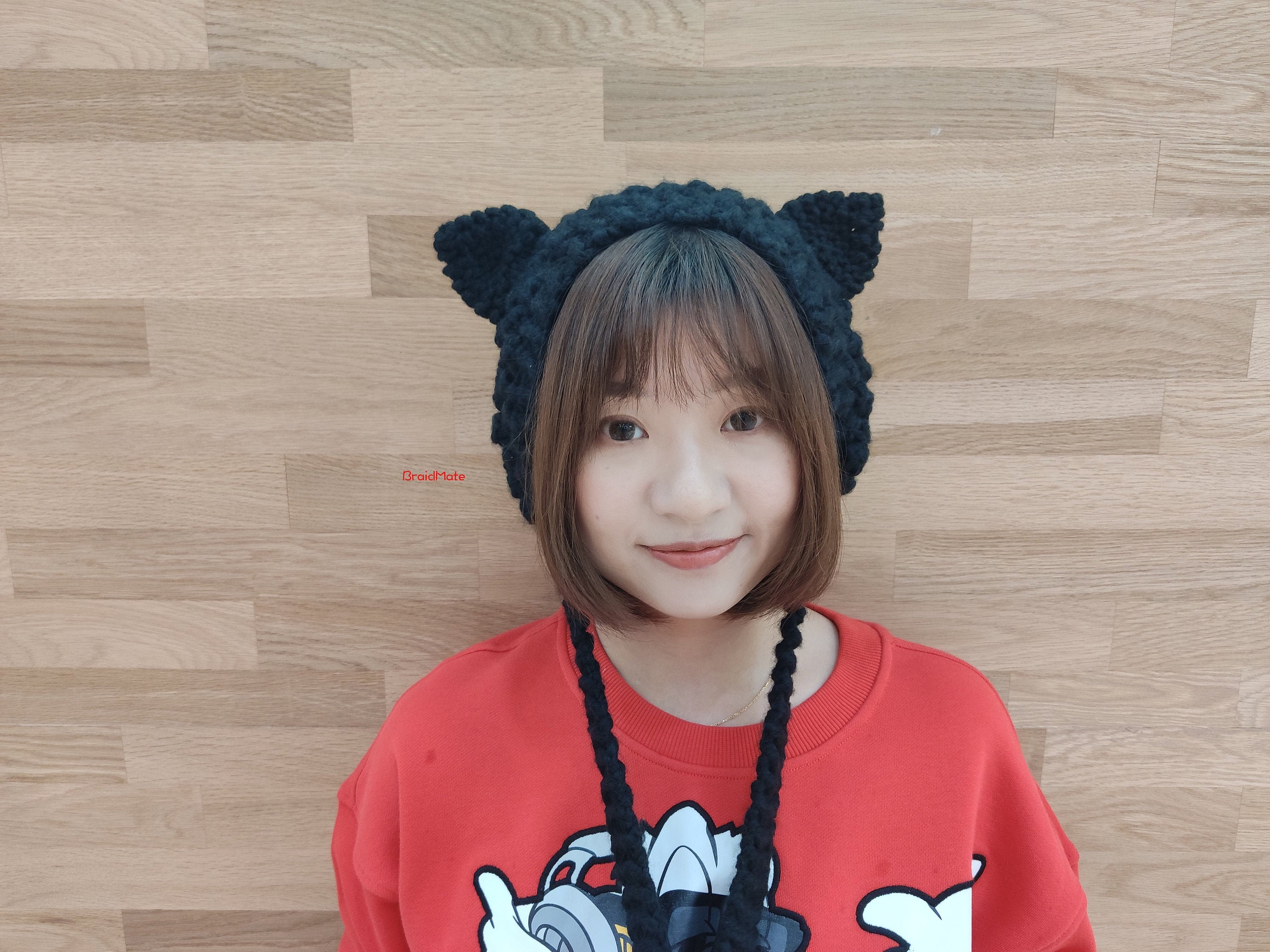 Cute Cute Crochet Cat Ear Hat With Tie 