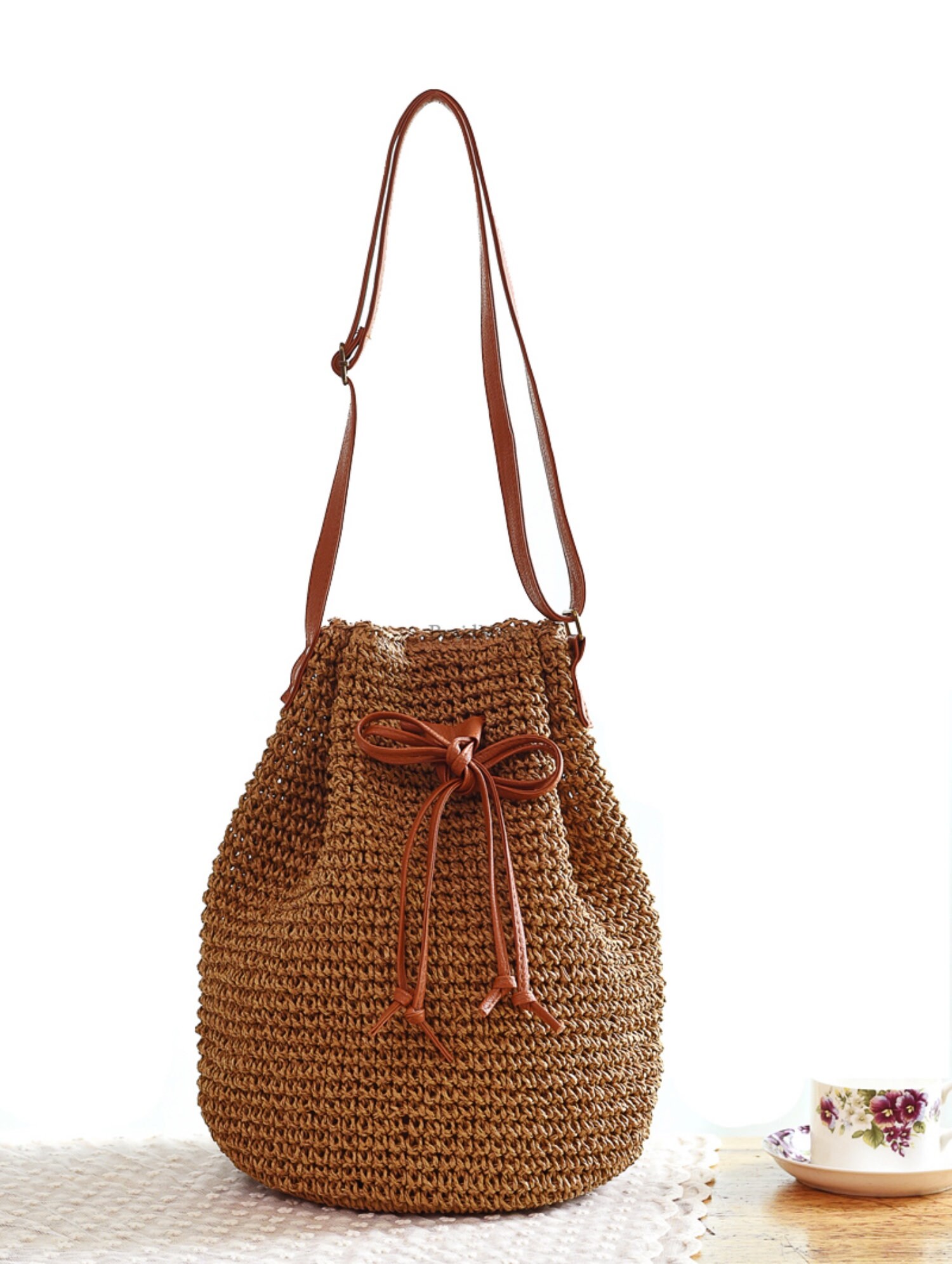Original Designer Pure Handmade Ostrich Feather Bucket Bag Natural Straw  Woven Embroidered Flower Handbag Women Summer Beach Bag
