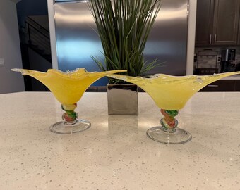 2 VINTAGE Murano Large Glassware Hand Blown Art Centerpiece Bowls - Made in Italy