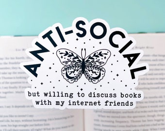 Autocollant antisocial Butterfly Book | Autocollants livresques | Cadeaux pour les lecteurs | Book Obsessed Durable Vinyl Sticker | Autocollants de rat de bibliothèque