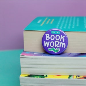 Bookworm Pin Badge | Book Lover Pin Button | Literary Gift | Bookish Bibliophile Reader | I Love Books