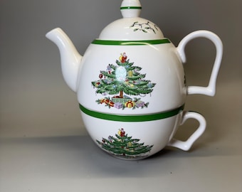 Spode Christmas Tree Stackable Teapot & Cup Set - Tea for One 3-Piece Holiday Dinnerware - S3324 Vintage Christmas Ceramic Tea Pot