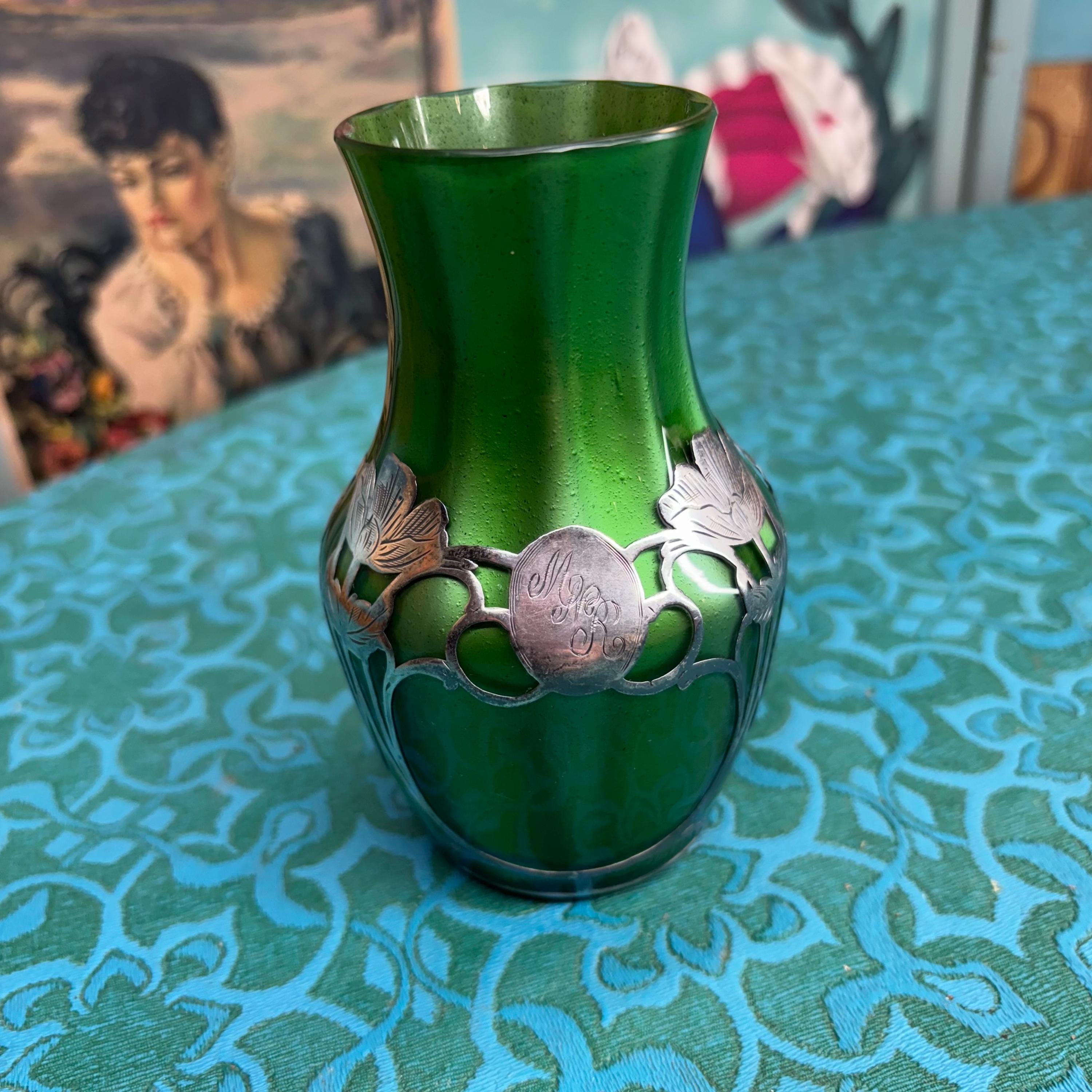 Green Glass Silver Overlay - Etsy