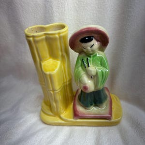 Vintage Shawnee Pottery Asian Boy Planter Vase 702 Mid Century Ceramic Bamboo Figurine, 1940s 1950s Kitsch Retro Home Decor, Collectible USA