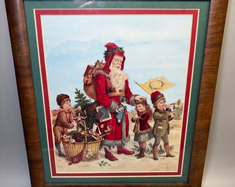 Authentic Antique Christmas Lithograph Framed 1930 Old World Santa Print, Victorian Tradition Saint Nicholas Wall Art, Holiday Ephemera Gift