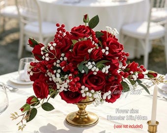 Red Rose Wedding Table Centerpiece, Faux Baby Breath Floral Arrangement, Christmas Decor
