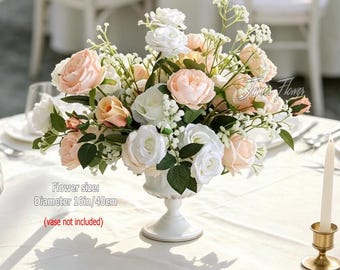 White Champagne Rose Table Centerpiece, Faux Baby Breath Floral Arrangement, Wedding Reception Decor