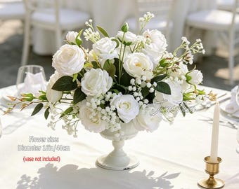White Rose Baby Breath Table Centerpiece, Faux Wedding Floral Arrangement