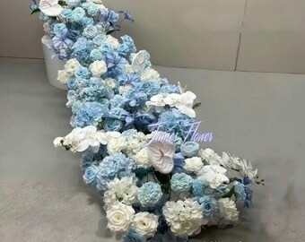 White Blue Artificial Flower Runner, Silk Rose Wedding Floral Centerpiece