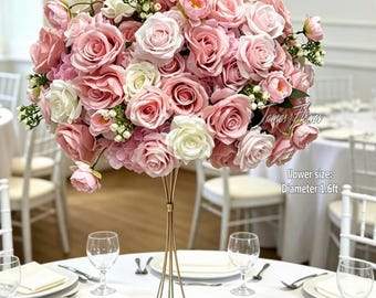 Pink White Wedding Table Centerpiece, Artificial Rose Hydrangea Flower Ball, no stand