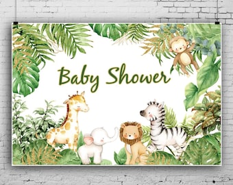 Laeacco 10x8ft Safari Animals Baby Shower Backdrop Tropical Jungle Baby Shower Background Cute Lion Elephant Animals Theme Baby Shower Party Decoration Birthday Banner Child Kid Newborn Baby Portraits