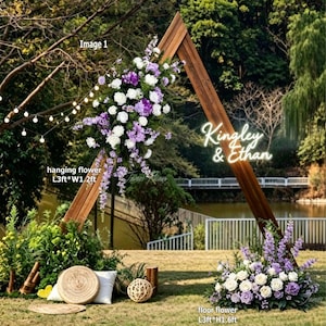 May include: A triangular wooden wedding arch featuring a neon sign that reads Kingley & Ethan. The arch is decorated with white and purple floral arrangements, including a hanging flower piece measuring 3ft by 1.2ft and a floor flower piece.