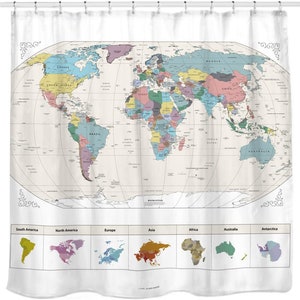 Tenda da doccia con mappa Mappa del mondo con le principali città dettagliate Tenda da doccia Tessuto idrorepellente inodore Tenda da doccia Decorazione per la casa