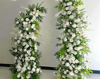 White Rose with Greenery Artificial Flower Arch, Wedding Ceremony Standing Floral Arrangement