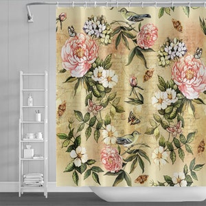 Fabric Decorative Floral Shower Curtain Set With Hooks Watercolor ...