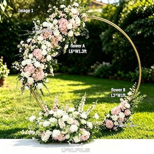 May include: A gold circular metal frame decorated with artificial flowers in shades of white and soft pink. The arrangement includes three distinct sections labeled as flower A (L6*W1.3ft), flower B (L3*W1ft), and flower C (L2*W1.2*H1.6ft).