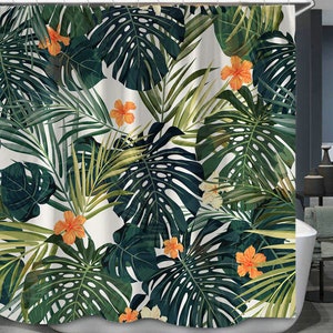 Tropical Leaf Shower Curtain, Hawaiian Summer Tropical Island Vegetation Leaves with Hibiscus Flowers, Cloth Fabric Bathroom Decor,Size W*H