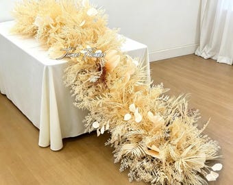 Boho Dried Table Runner,Neutral Beige Preserved Flower Garland,Wedding Sweetheart Table Centerpiece