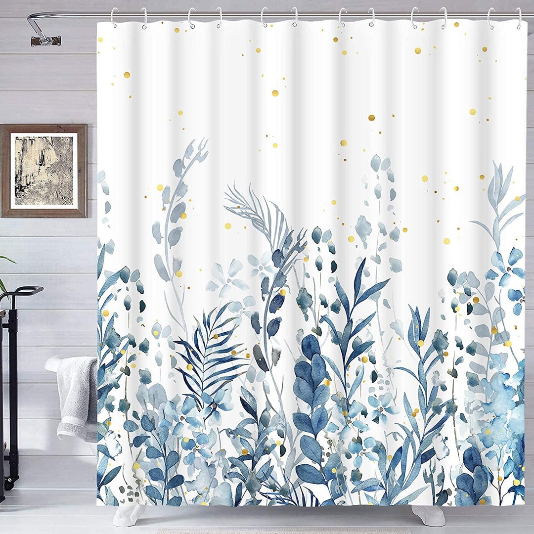 Blue and Grey Shower Curtain Floral Shower Curtain With Etsy