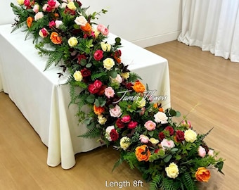 Artificial Wedding Flower Runner, Table Centerpiece, Ceremony Floral Arrangements,Burgundy Red Orange